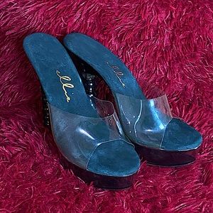 Black open toe bubble heels with clear strap